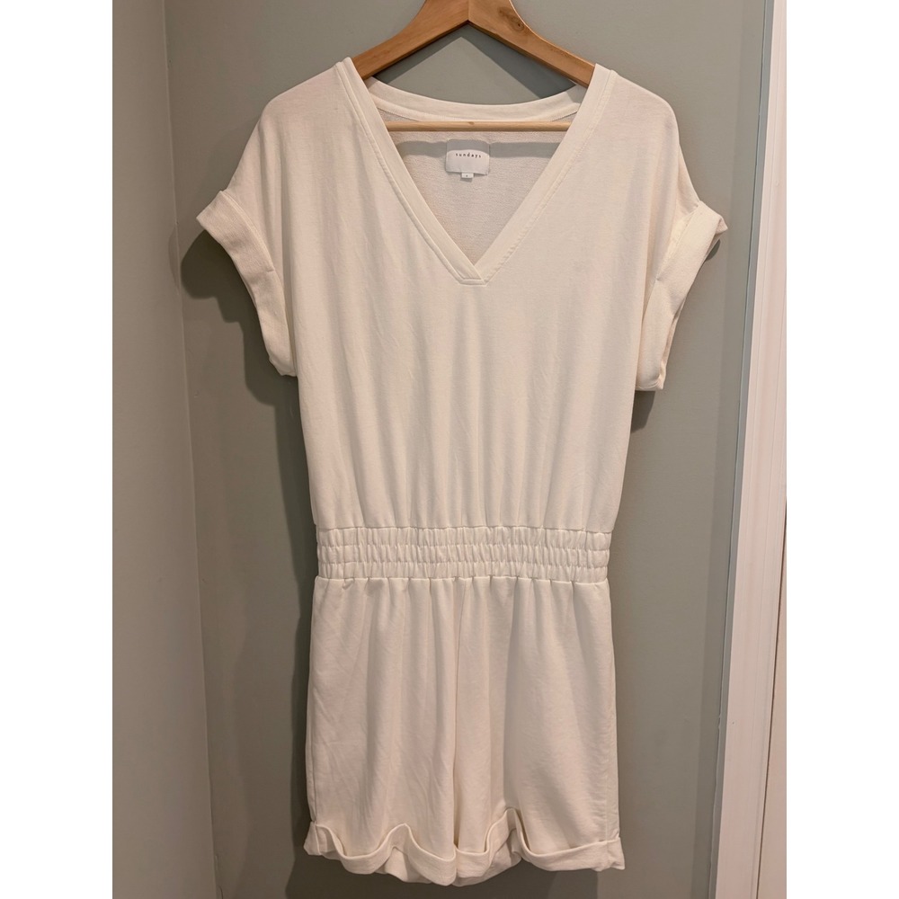 Sundays Off White French Terry Romper V-Neck‎ Short Sleeve Elastic Waist Size 0